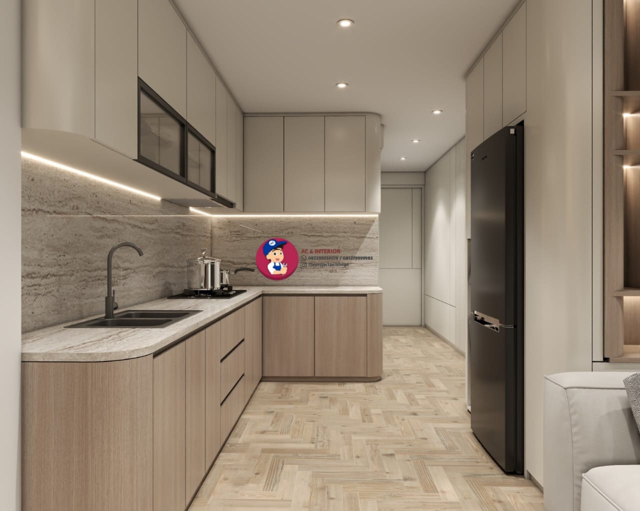 Open kitchen with bar counter seating, glass display cabinets and pendant lighting