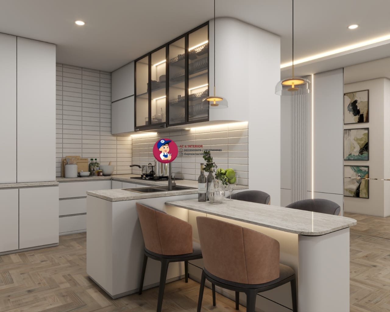 Modern L-shape kitchen set design with wood finish cabinets and marble countertop
